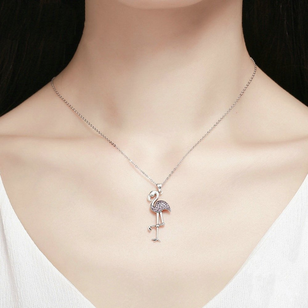 PAHALA 925 Sterling Silver Flamin Bird Shaped with Pink Crystals Clear CZ Pendant Necklace