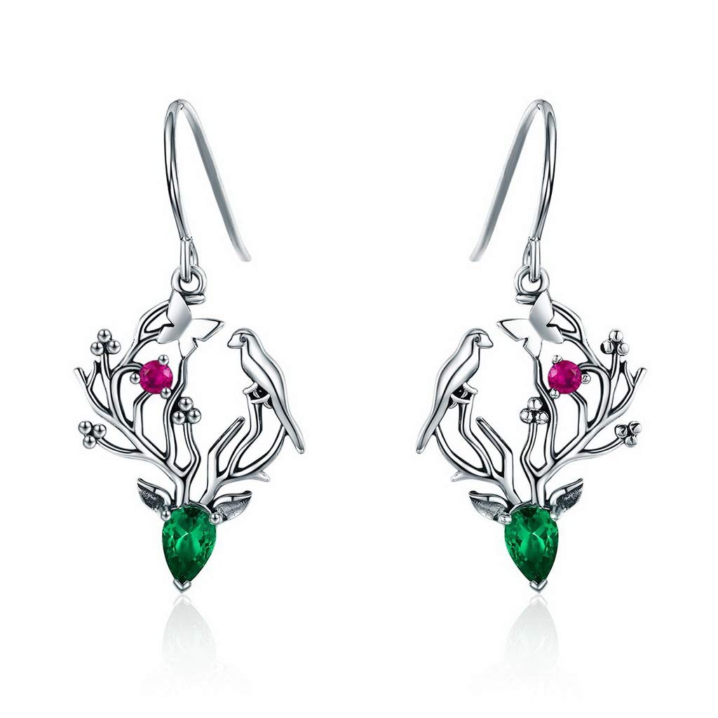 PAHALA 925 Sterling Silver Elk Legend Crystal Tree Leaves Earrings