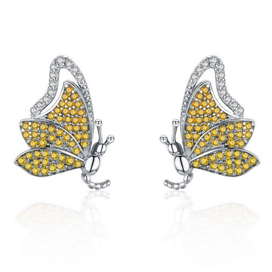 PAHALA 925 Sterling Silver Dancing Butterfly Yellow With Crystals Earrings