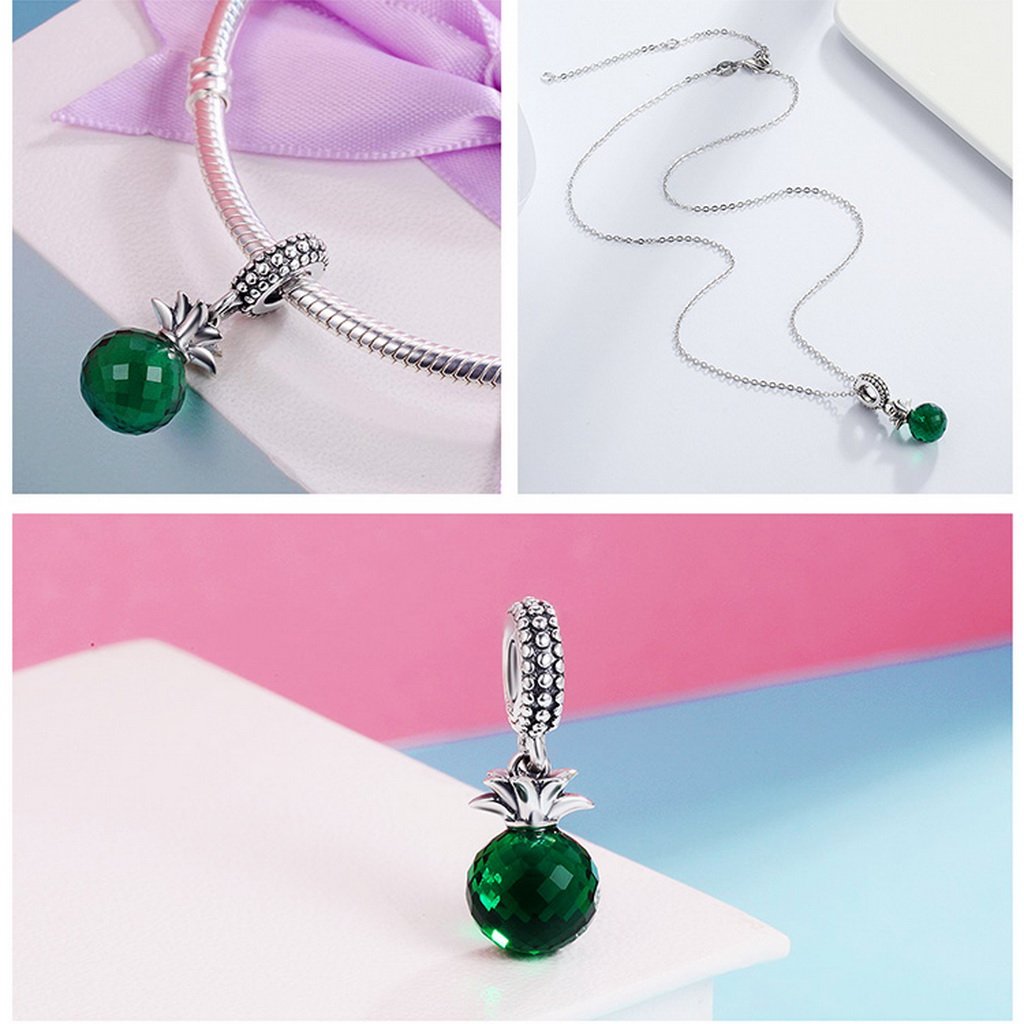 PAHALA 925 Strling Silver Pineapple with Green Crystal Pendant Charm Bead