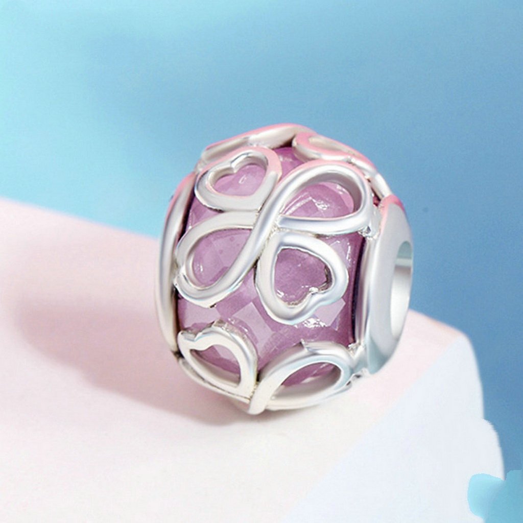 PAHALA 925 Sterling Silver Endless Love Pink Crystal Charm Bead Fit Bracelet
