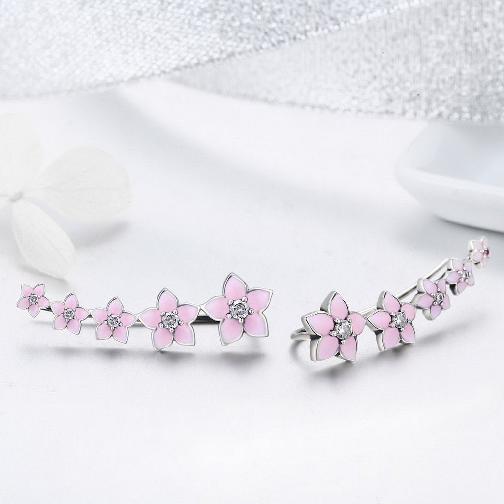 PAHALA 925 Sterling Silver Cherry Flower Pink Enamel Crystal Long Tassel Earrings