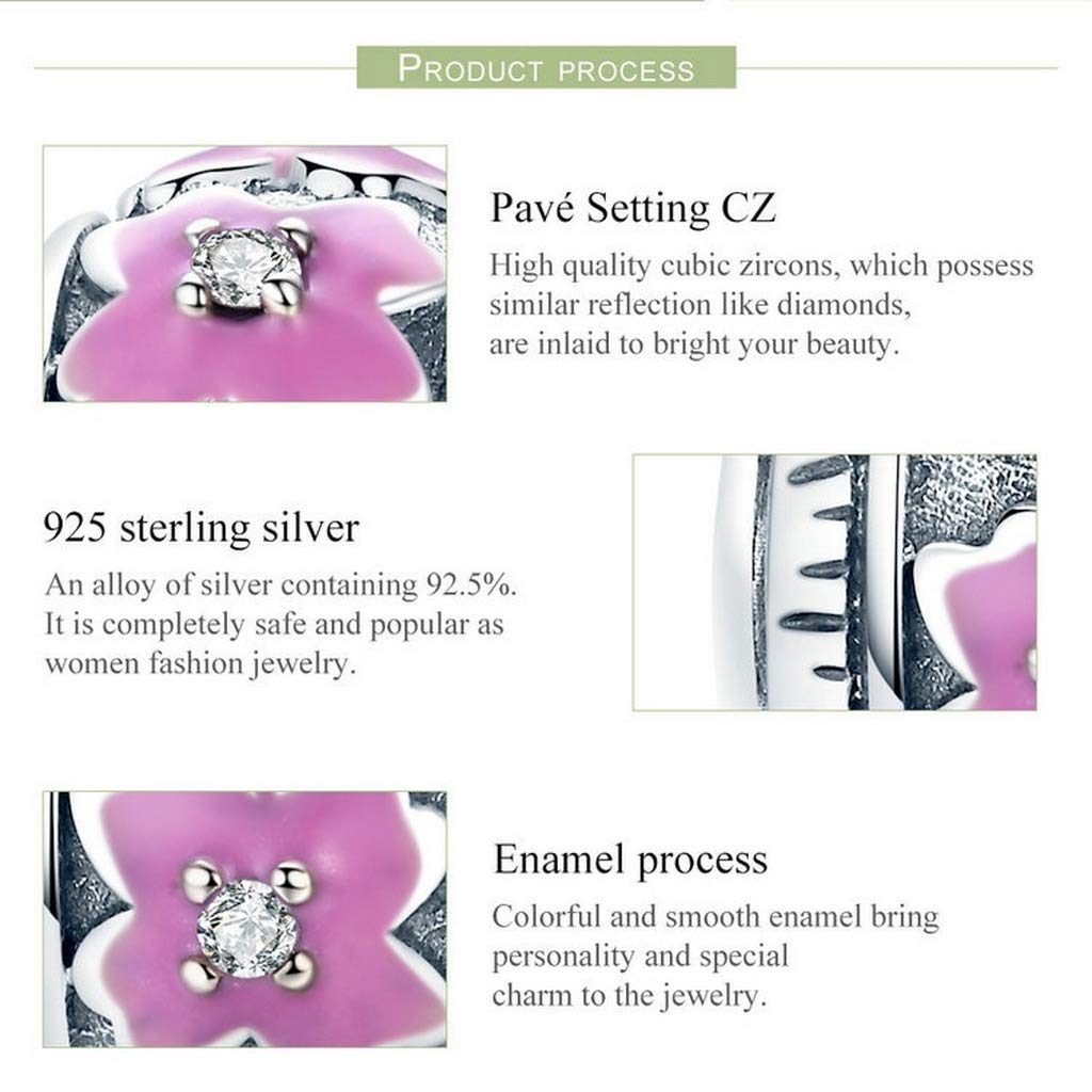 PAHALA 925 Strling Silver Love Clover Flower Pink Enamel Charm Bead