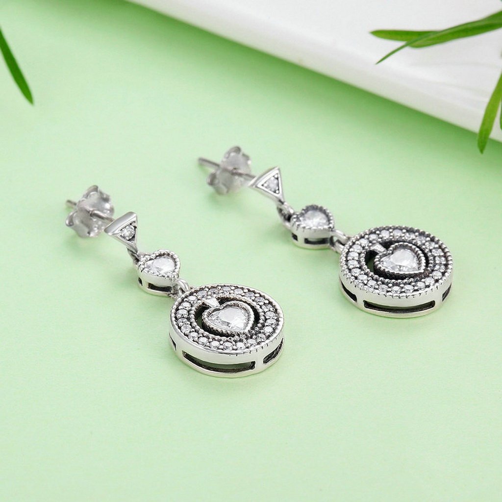 PAHALA 925 Sterling Silver Classical Round With Heart Crystals Party Wedding Long Drop Earrings