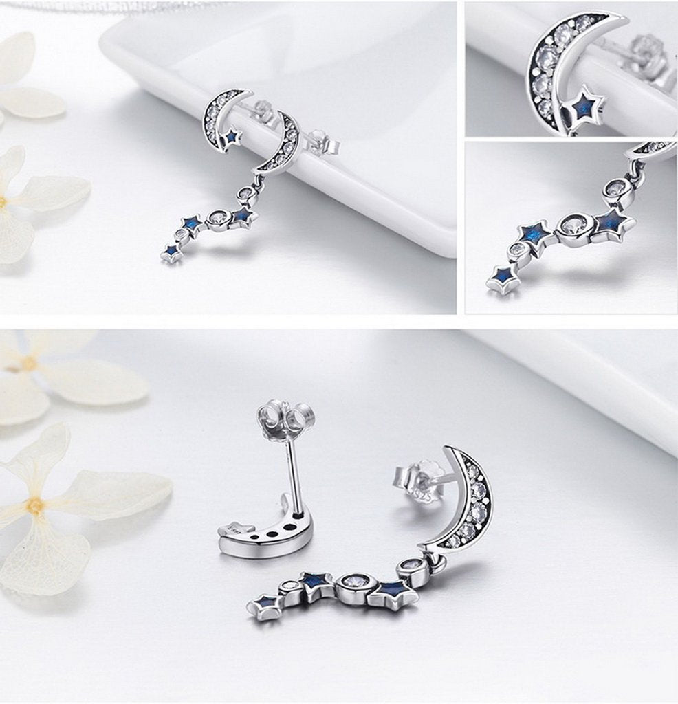 PAHALA 925 Sterling Silver Crystals Moon Star Blue Party Wedding Pendant Earring