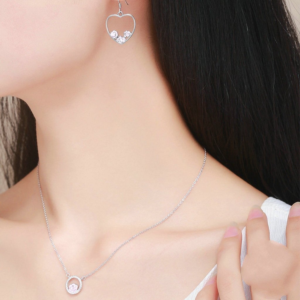 PAHALA 925 Sterling Silver Romantic Rose Heart with Crystals Pendant Necklace Earrings Jewelry Set