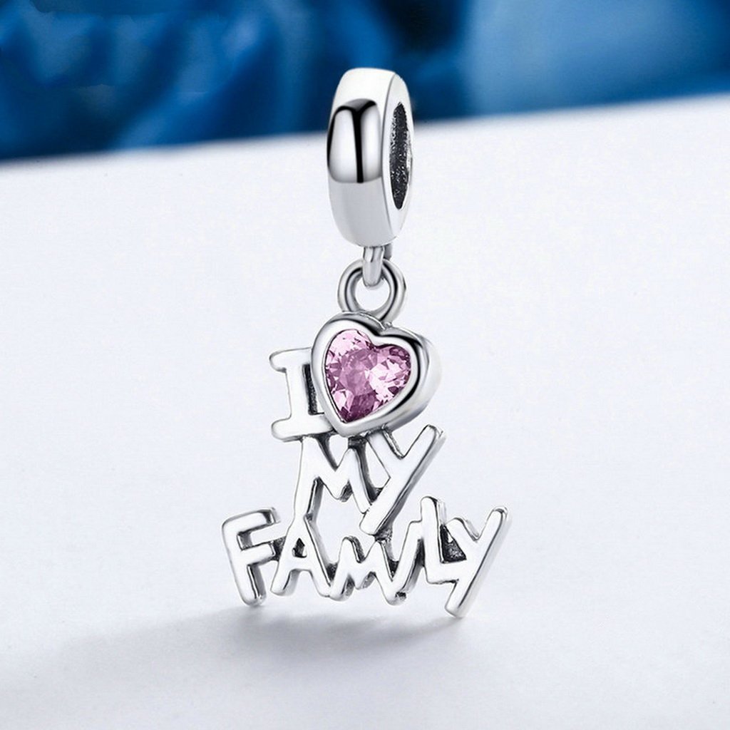 PAHALA 925 Sterling Silver I Love My Family with Pink Crystal Charms Fit Bracelets Necklace