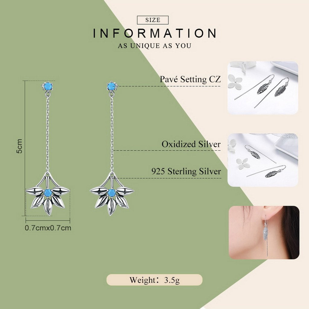 PAHALA 925 Sterling Silver Vintage Flower Blue Crystals Long Tassel Earrings