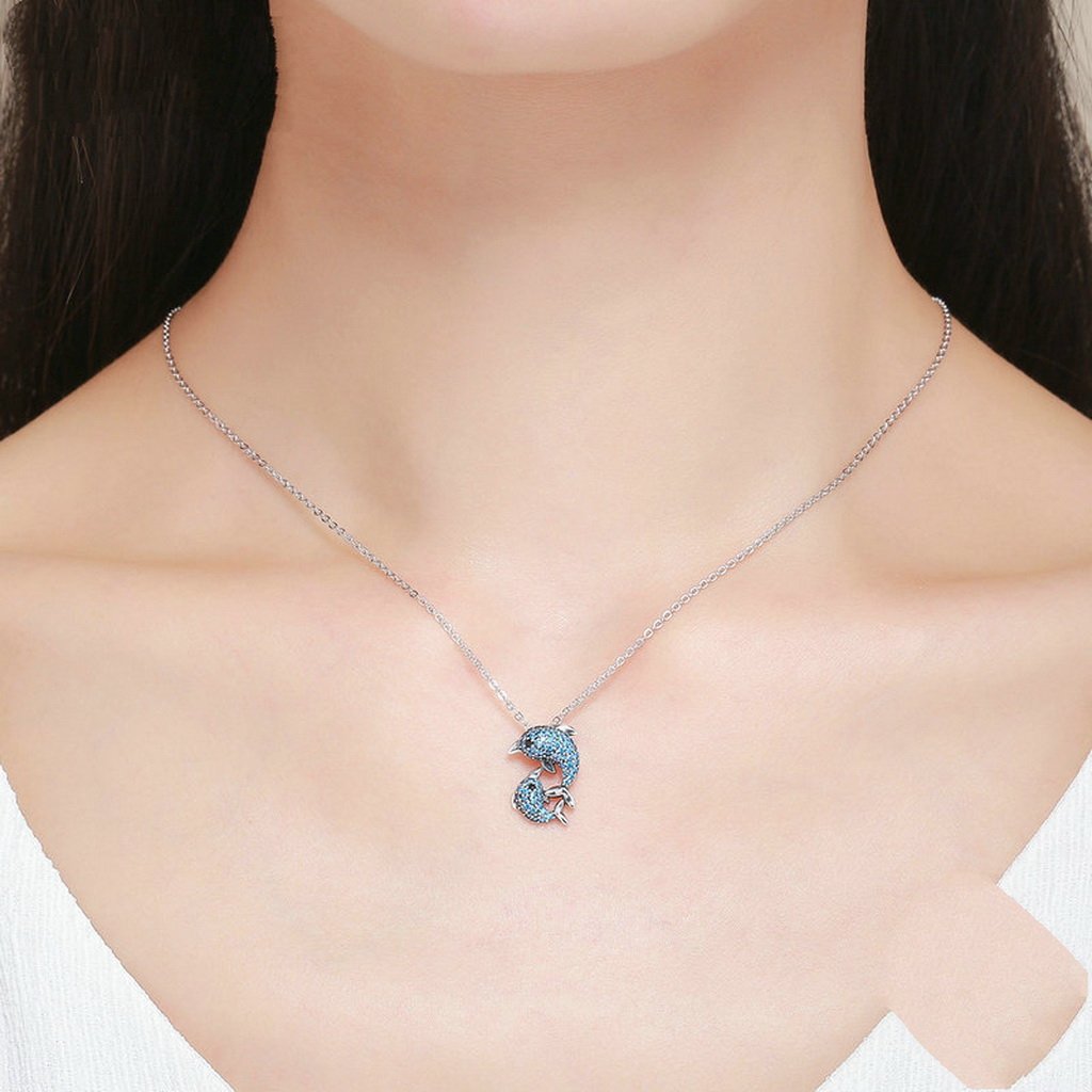 PAHALA 925 Sterling Silver Blue Crystals Dolphin Clear CZ Pendant Necklace