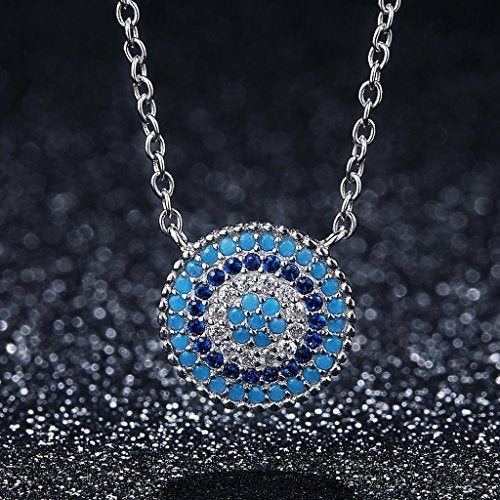 PAHALA 925 Sterling Silver Lucky Round with Blue Crystals Clear CZ Pendant Necklace