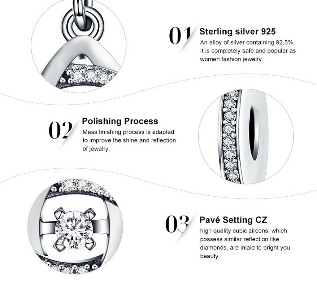 PAHALA 925 Sterling Silver Heart Geometric with Crystals Charms Beads