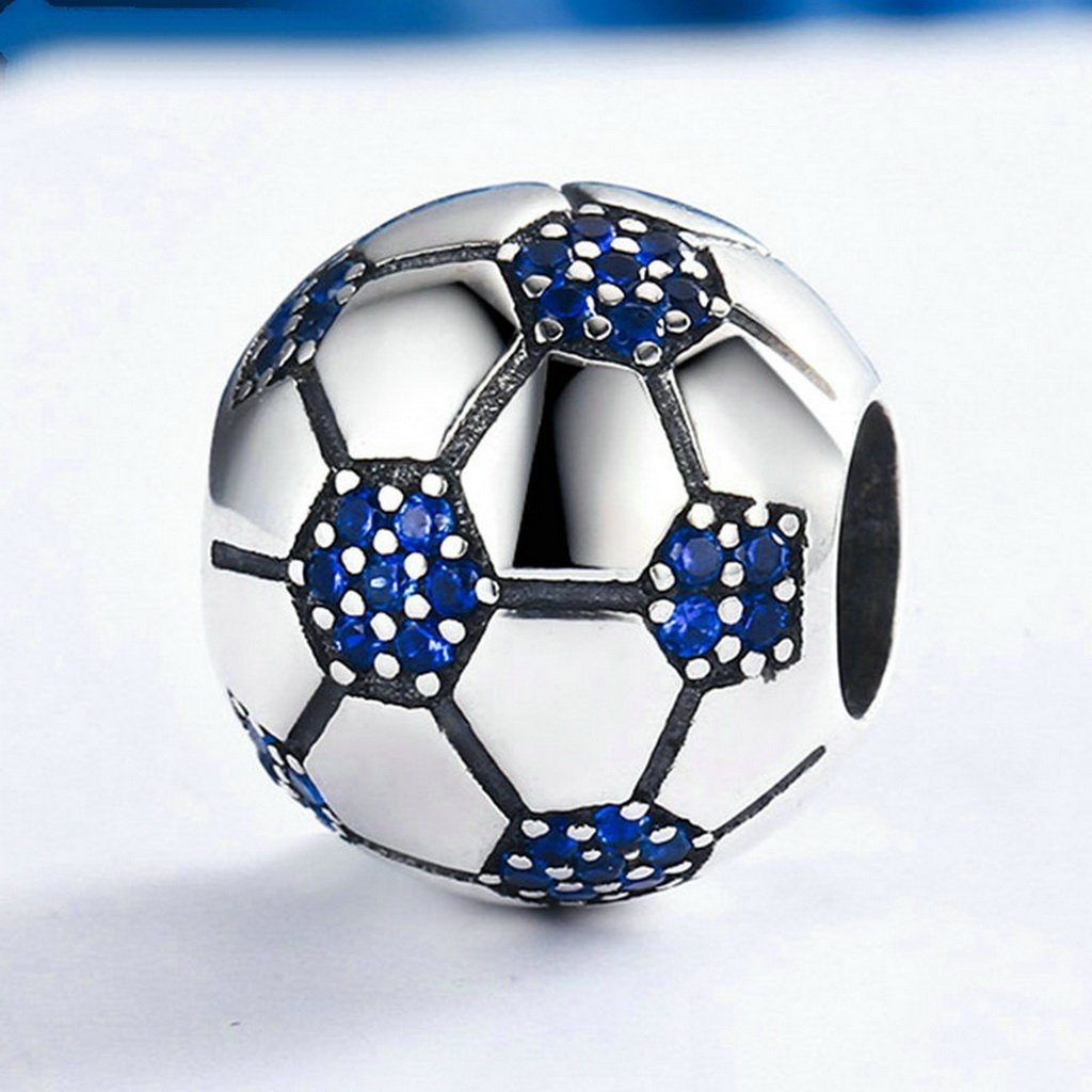PAHALA 925 Sterling Silver Love Football with Blue Crystals Charms Fit Bracelets Necklace