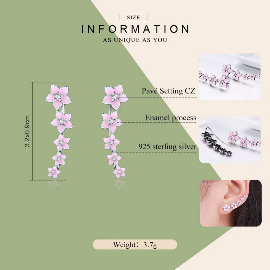 PAHALA 925 Sterling Silver Cherry Flower Pink Enamel Crystal Long Tassel Earrings