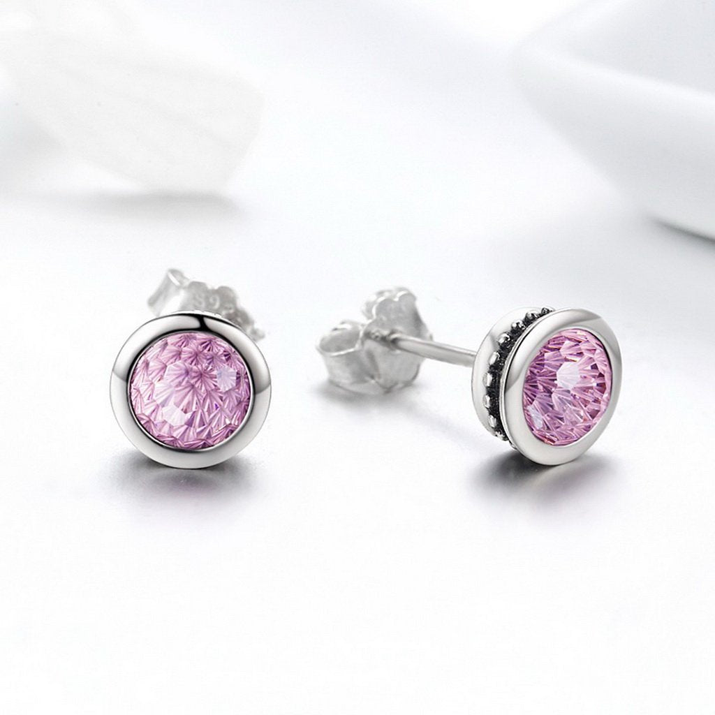 PAHALA 925 Sterling Silver Round Pink Sparkling With Pink Crystal Stud Earrings