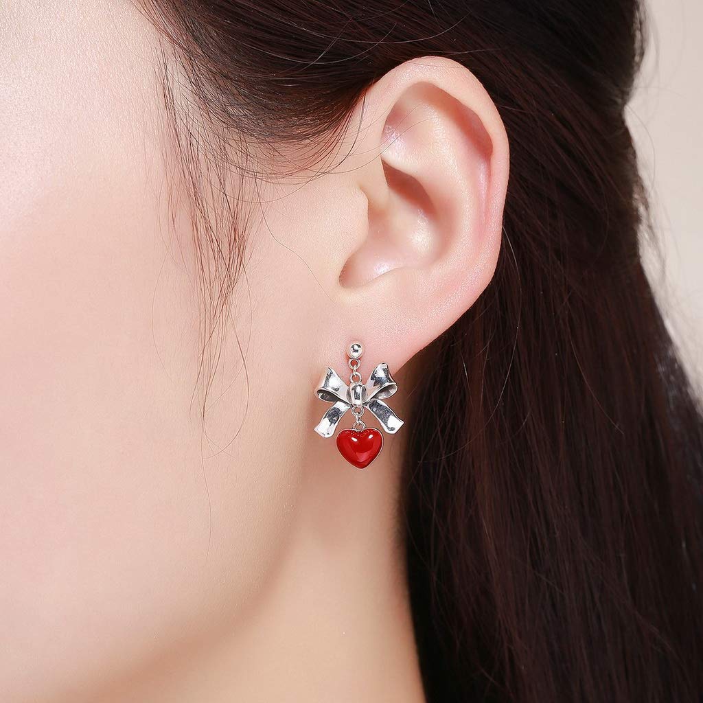 PAHALA 925 Sterling Silver Red Heart Bowknot Crystal Stud Earrings