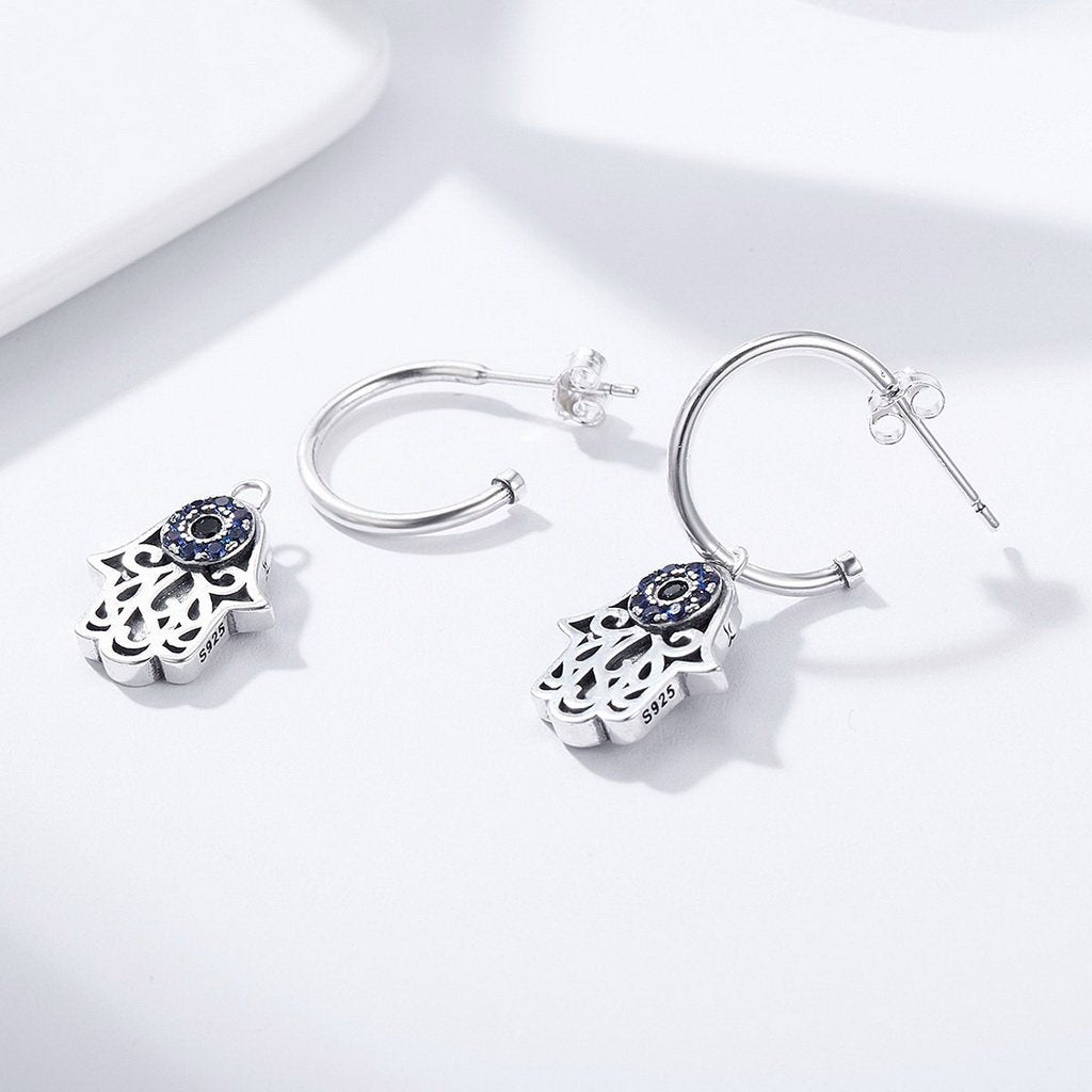 PAHALA 925 Sterling Silver Fantasy Hamsa Hand Blue With Crystals Stud Earrings