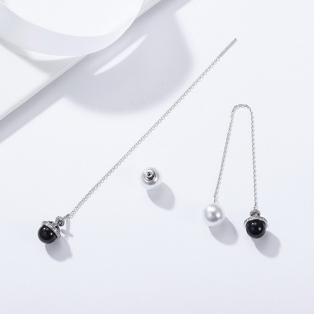 PAHALA 925 Sterling Silver Planet Freshwater Pearl White Black With Crystals Party Wedding Long Drop Earrings