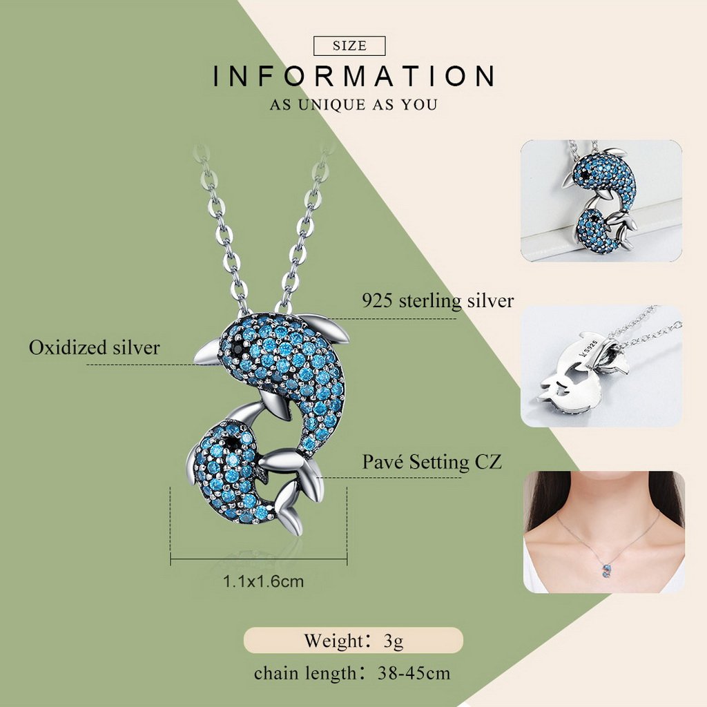 PAHALA 925 Sterling Silver Blue Crystals Dolphin Clear CZ Pendant Necklace