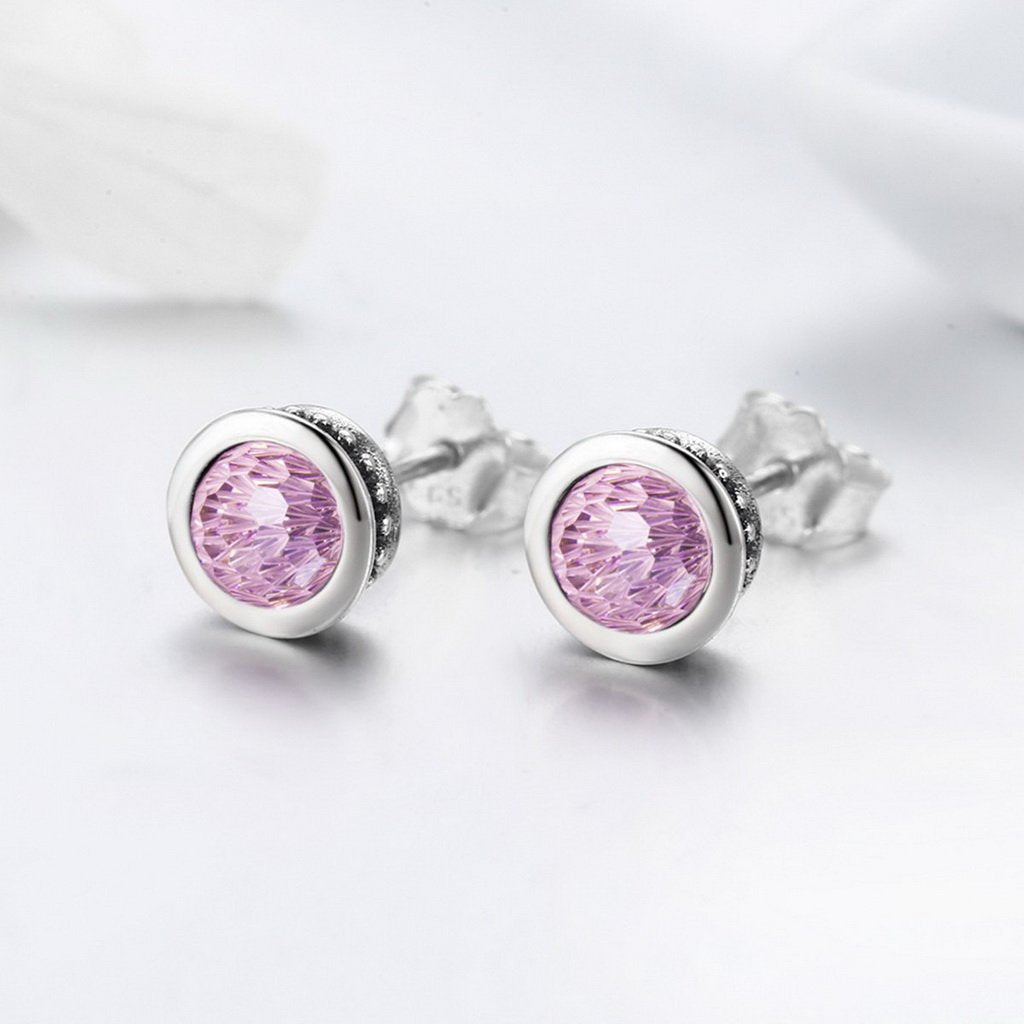 PAHALA 925 Sterling Silver Round Pink Sparkling With Pink Crystal Stud Earrings