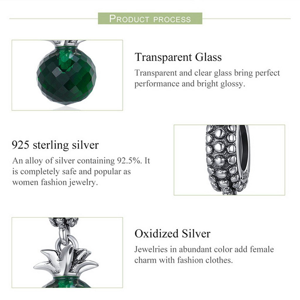 PAHALA 925 Strling Silver Pineapple with Green Crystal Pendant Charm Bead