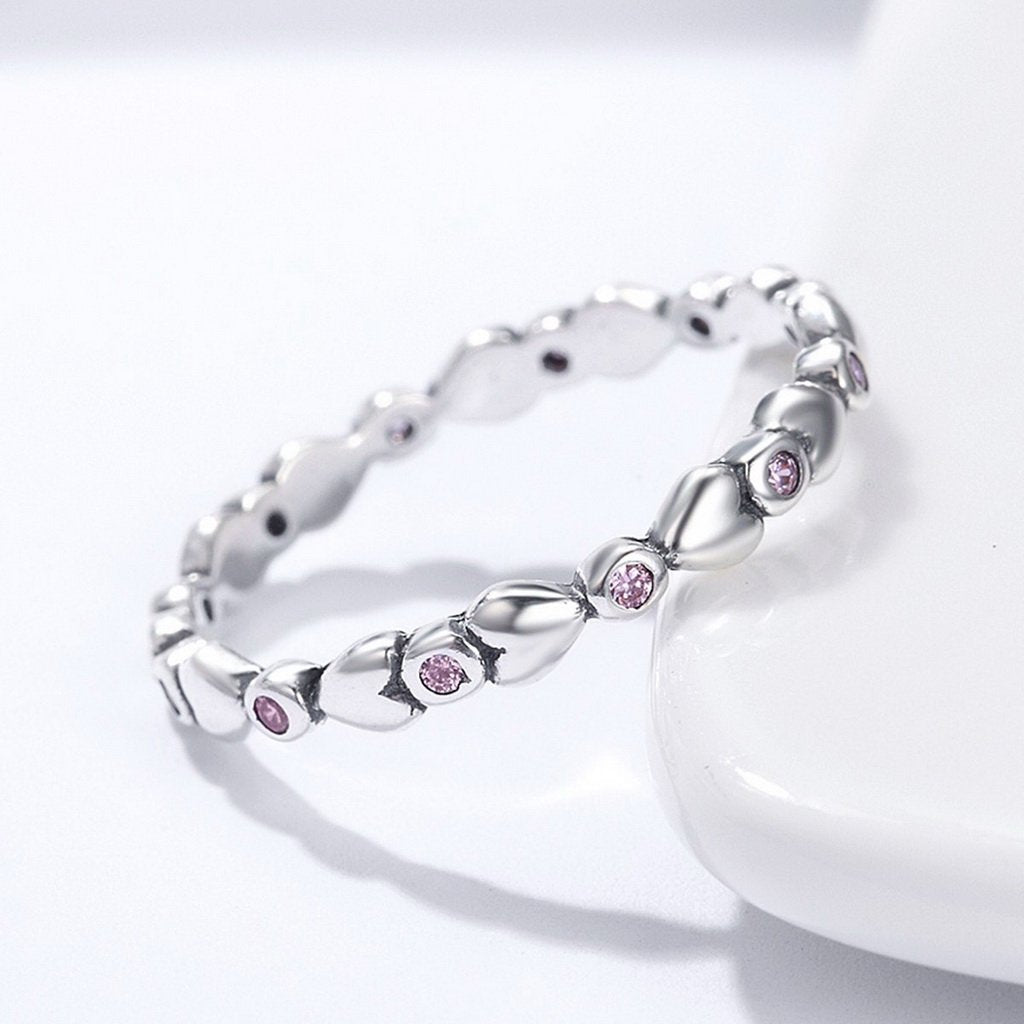 PAHALA 925 Sterling Silver Pink Heart with Crystals CZ Vintage Wedding Engagement Band Ring