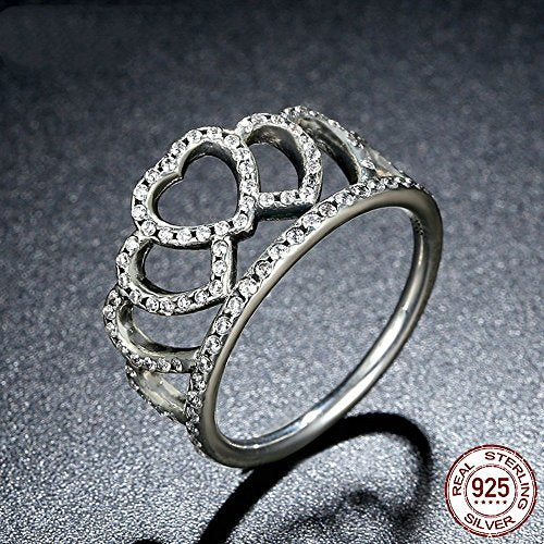 PAHALA 925 Sterling Silver Heart Crown with Crystal Cubic Zirconia Pave Wedding Engagement Band Ring