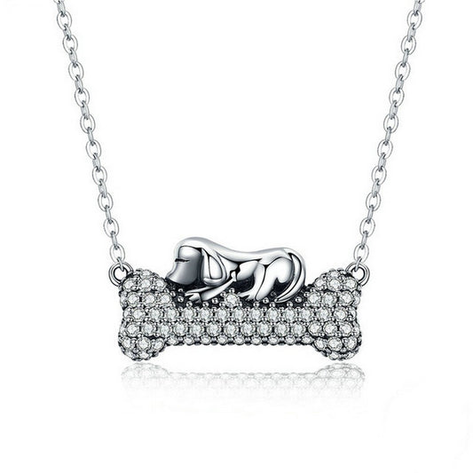PAHALA 925 Sterling Silver Lovely Dog with Crystals Bone Clear CZ Pendant Necklace