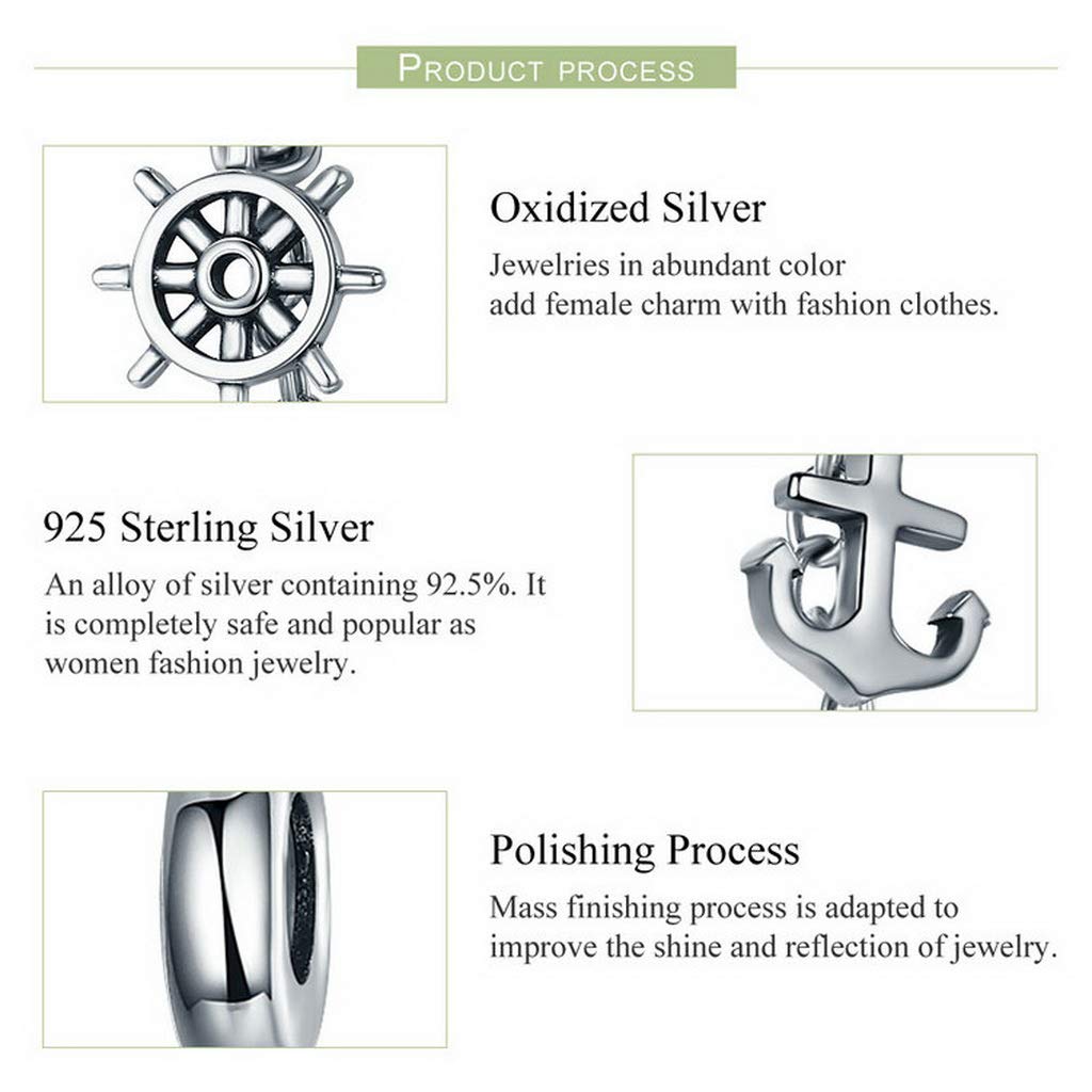PAHALA 925 Sterling Silver Voyage Anchor Rudder Safety Chain Charm Bead