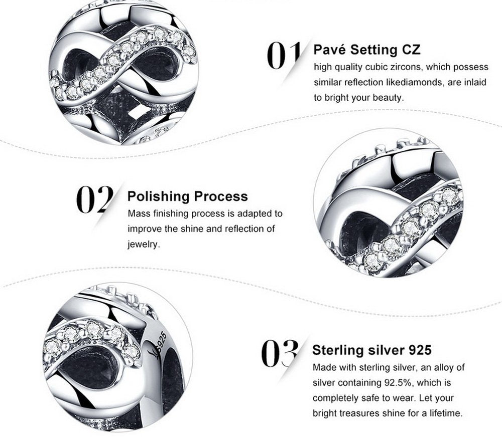 PAHALA 925 Strling Silver Infinite Love with Crystals Charms Fit Bracelets Necklace