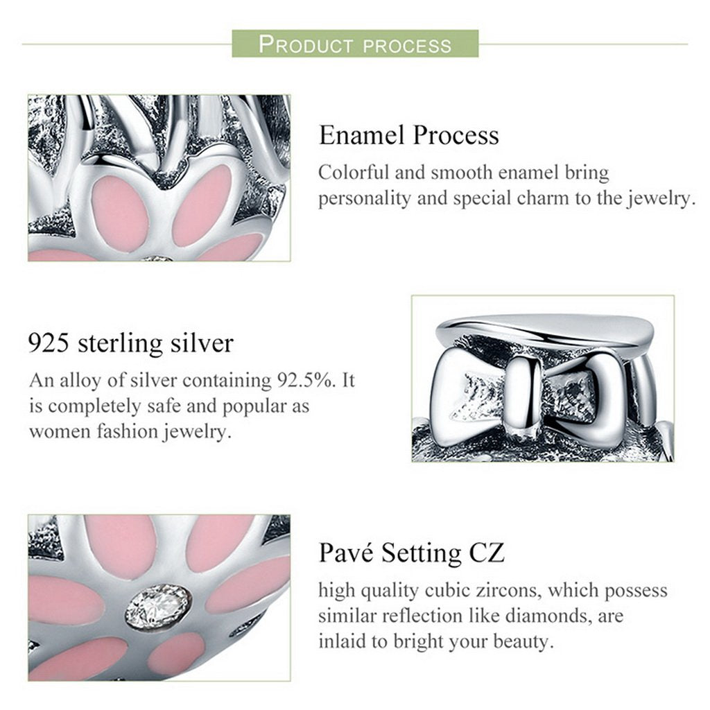 PAHALA 925 Sterling Silver Bowknot Flower with Pink Enamel Crystals Pendant Charm Bead