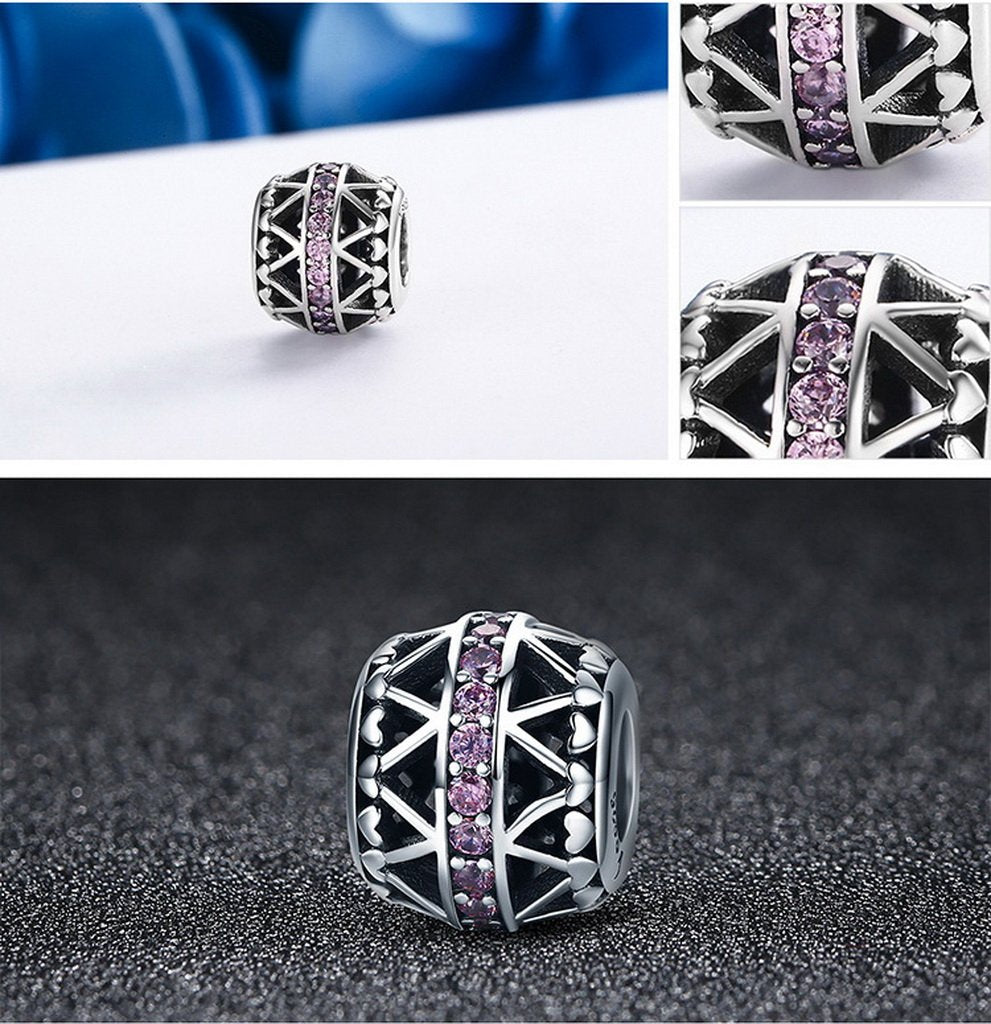 PAHALA 925 Sterling Silver Pink Crystals Heart Charms Fit Bracelets Necklace