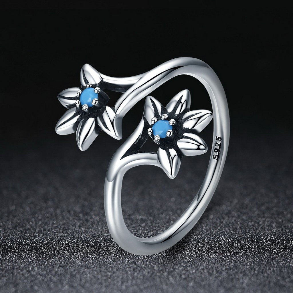 PAHALA 925 Strling Silver Daisy Flower Blue Weeding Party Band Ring