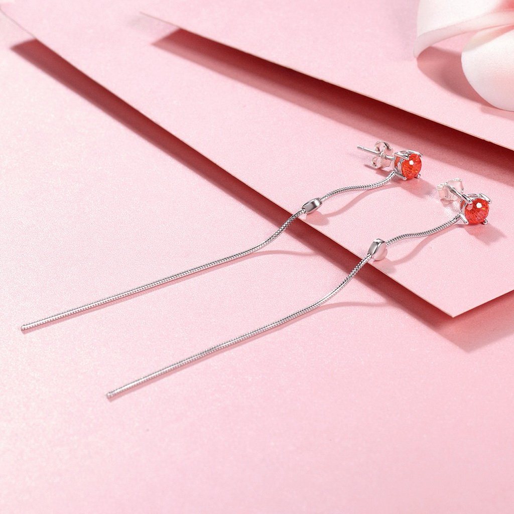PAHALA 925 Sterling Silver Deep Love Heart Red Crystal Long Tassel Earrings