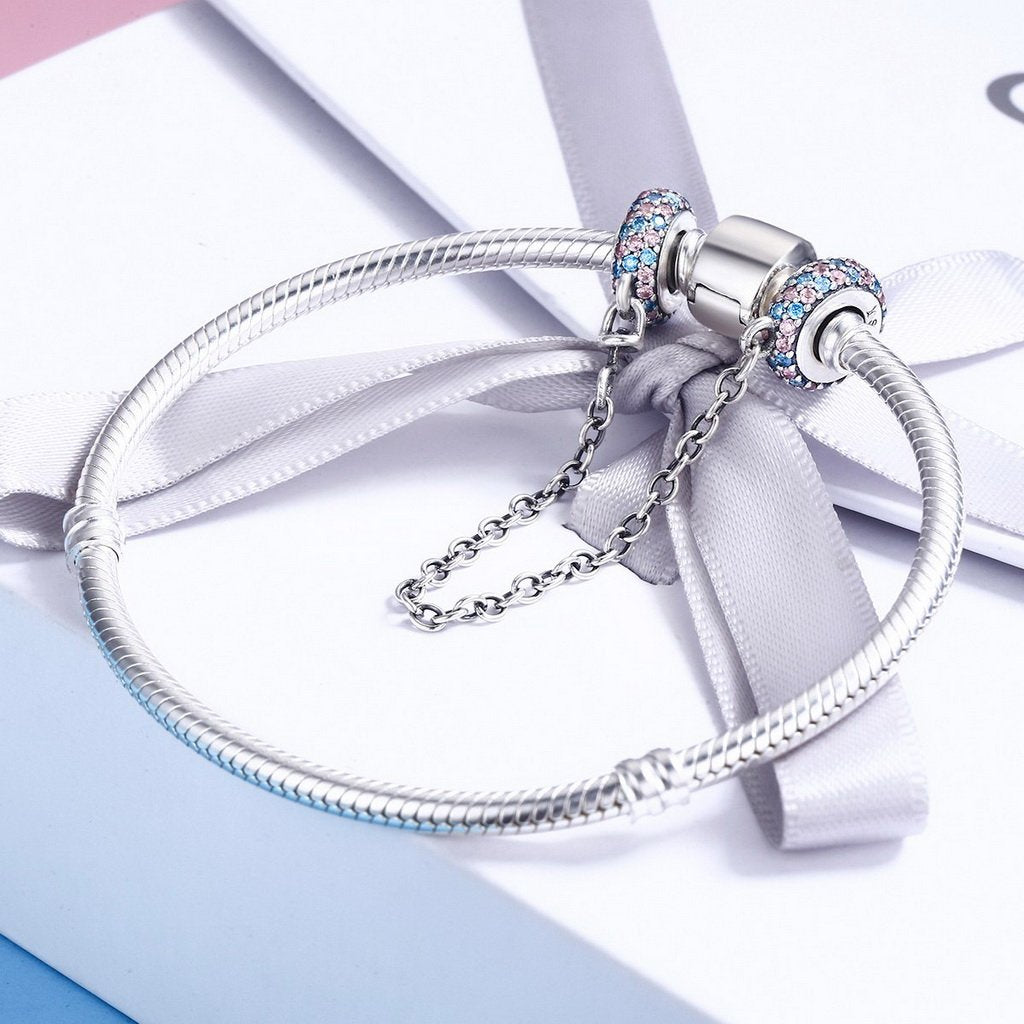 PAHALA 925 Sterling Silver Pink and Blue Round with Crystals Safety Chain Charm Bead