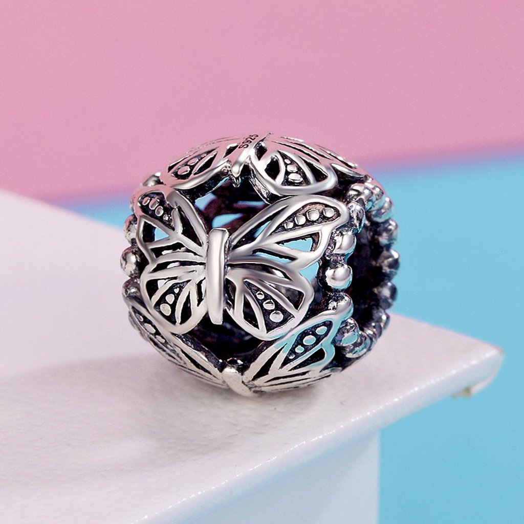 PAHALA 925 Sterling Silver Stackable Butterfly Round Charm Bead