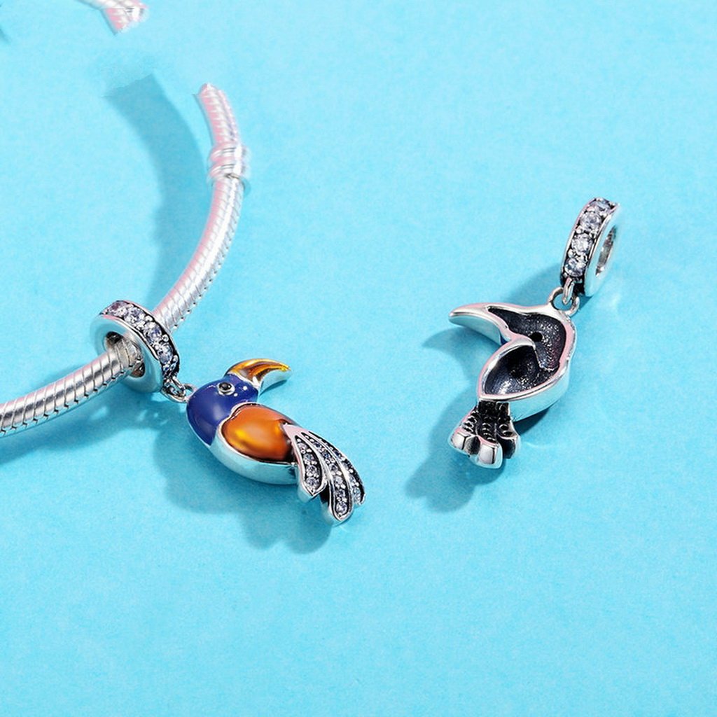 PAHALA 925 Sterling Silver Lovely Parrot with Crystals Enamel Pendant Charm Bead