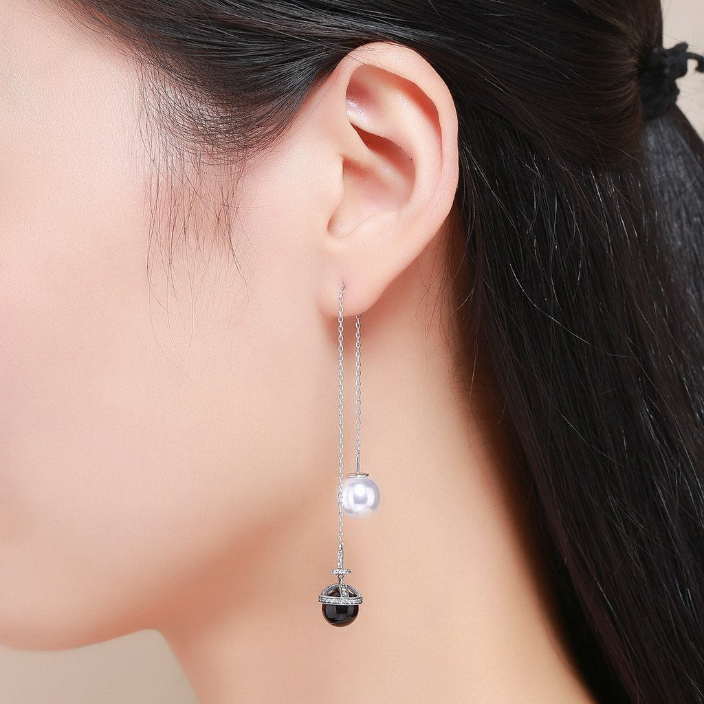 PAHALA 925 Sterling Silver Planet Freshwater Pearl White Black With Crystals Party Wedding Long Drop Earrings