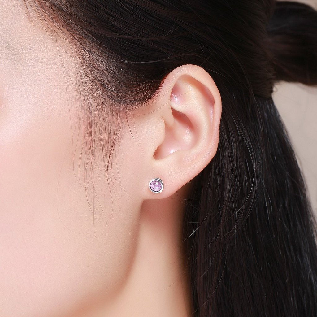 PAHALA 925 Sterling Silver Round Pink Sparkling With Pink Crystal Stud Earrings