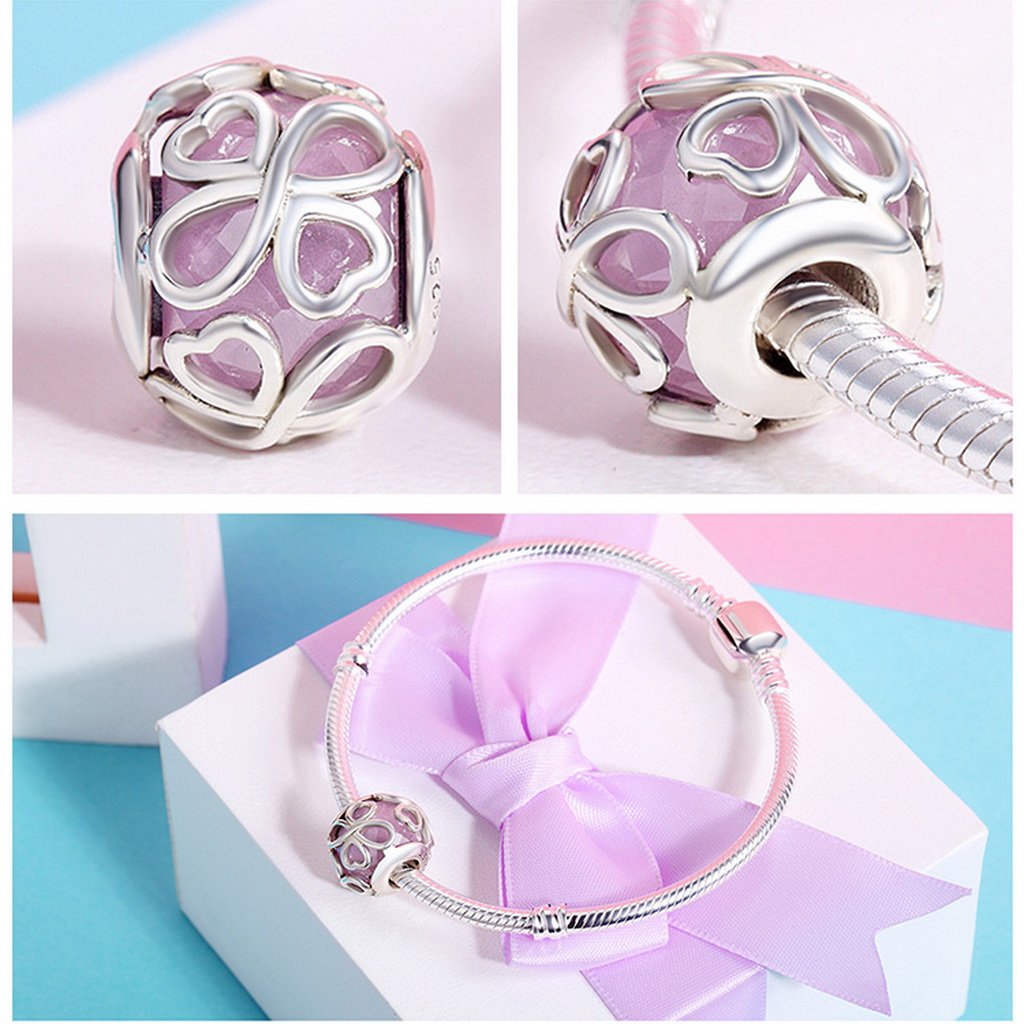 PAHALA 925 Sterling Silver Endless Love Pink Crystal Charm Bead Fit Bracelet