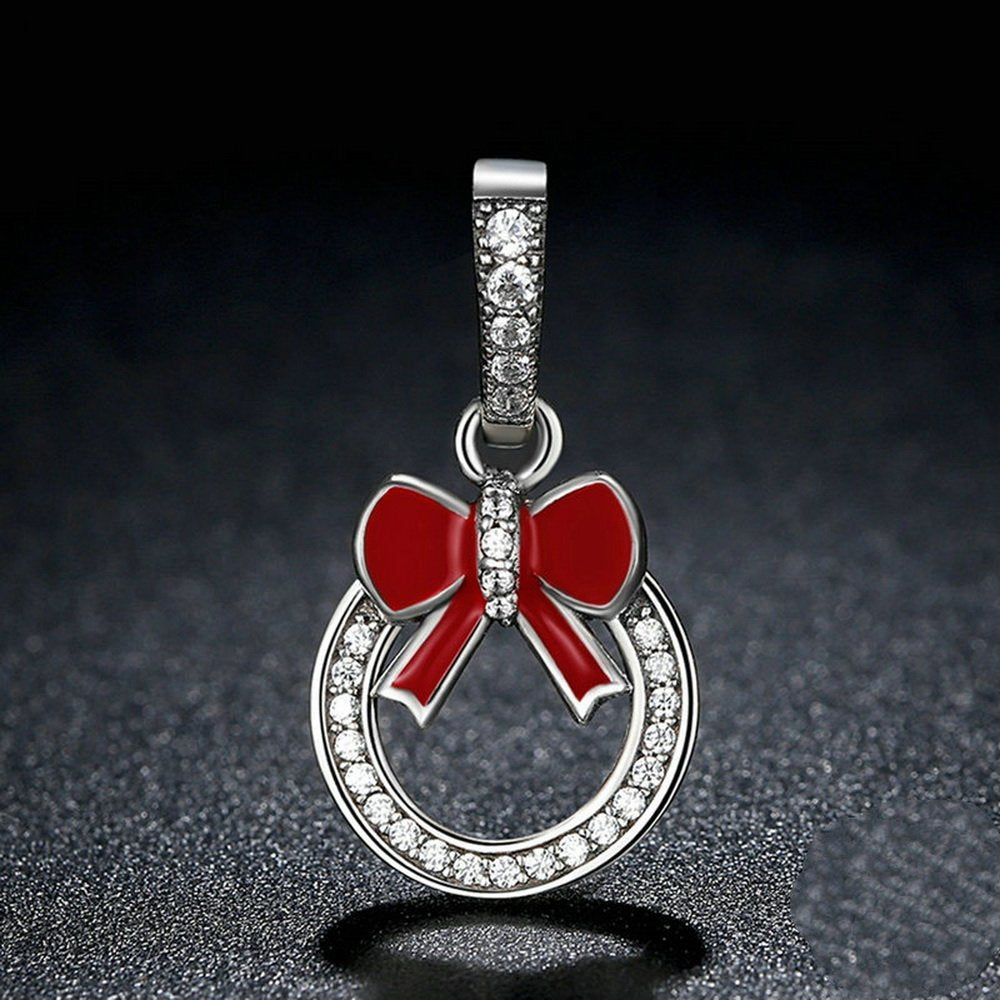 PAHALA 925 Strling Silver Red Bow Knot with Crystals Charms Pendant Fit Bracelets Necklace