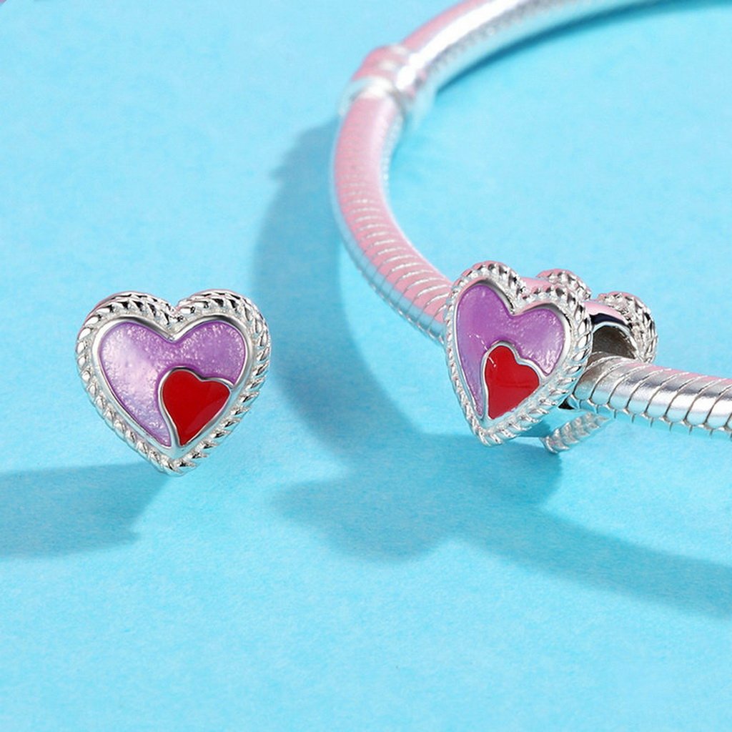 PAHALA 925 Sterling Silver Sweet Heart with Heart Red Purple Enamel Charm Bead