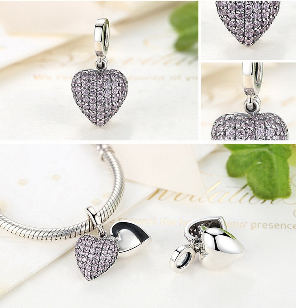 PAHALA 925 Strling Silver Pink Heart Love Forever with Crystals Charms Pendant Fit Bracelets Bangles Necklace