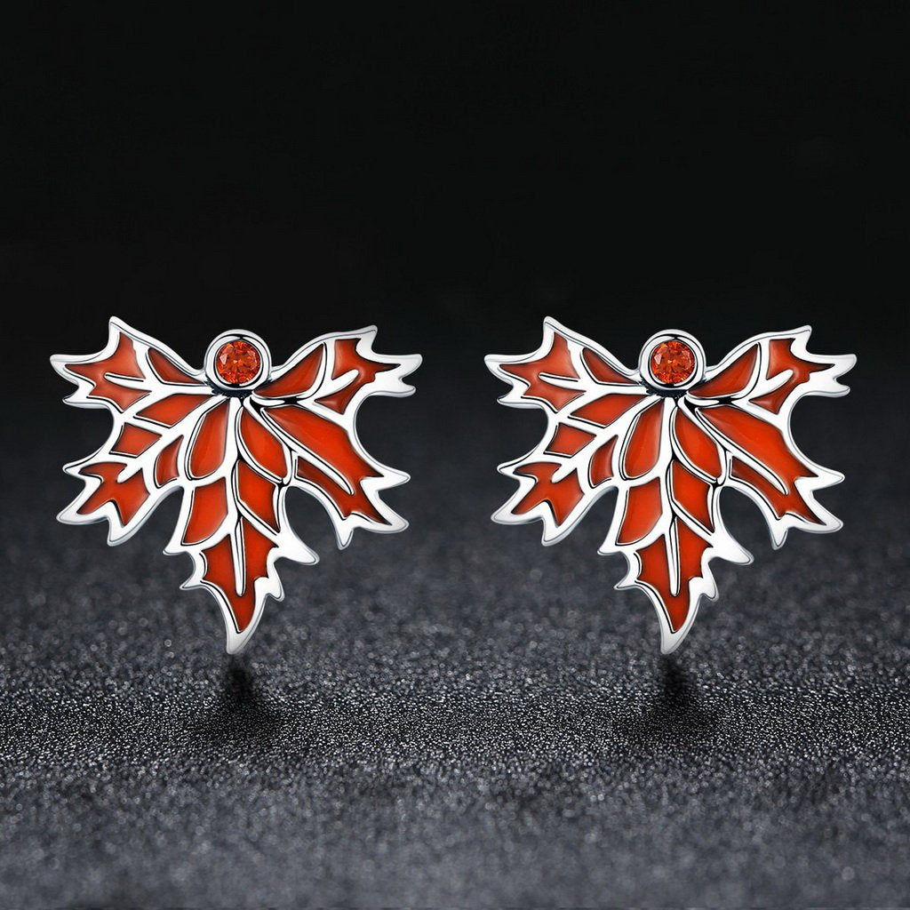 PAHALA 925 Sterling Silver Red Enamel Autumn Maple Tree Stud Earrings