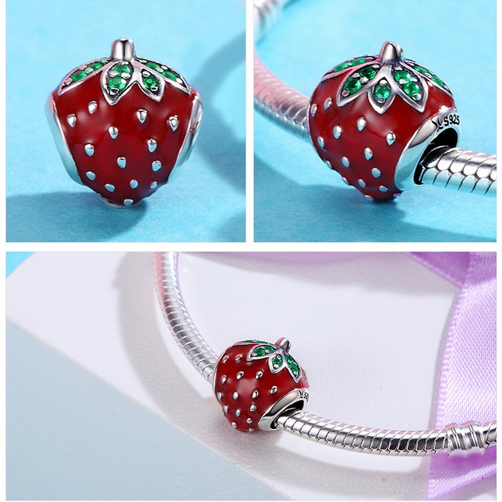 PAHALA 925 Sterling Silver Strawberry Red Enamel with Crystal Charm Bead
