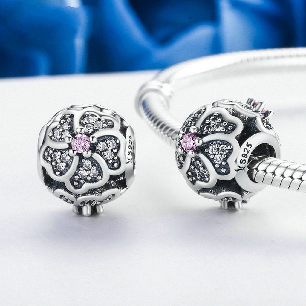 PAHALA 925 Sterling Silver Bouquet Flower of Love with Pink Crystals Charms Fit Bracelets Necklace