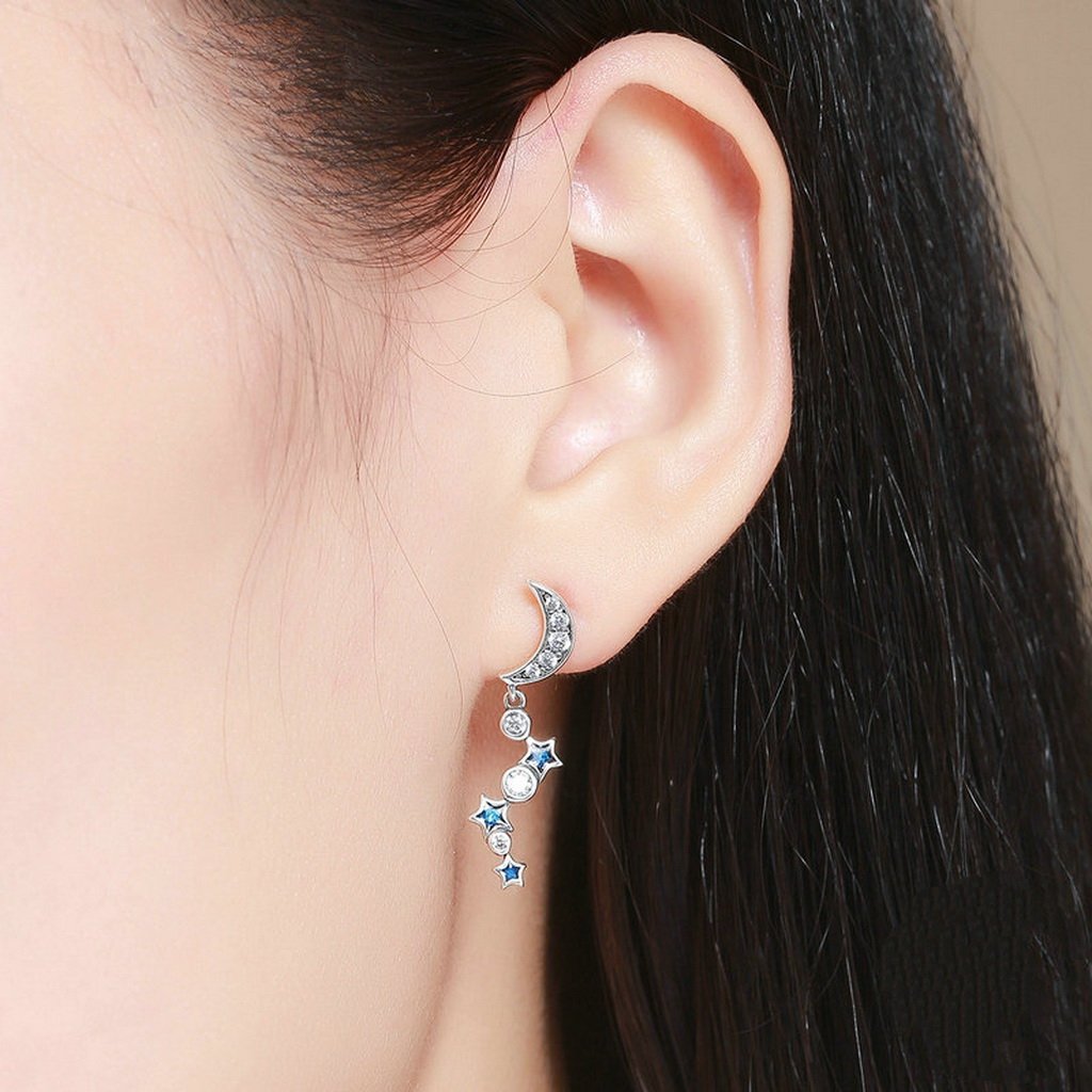 PAHALA 925 Sterling Silver Crystals Moon Star Blue Party Wedding Pendant Earring