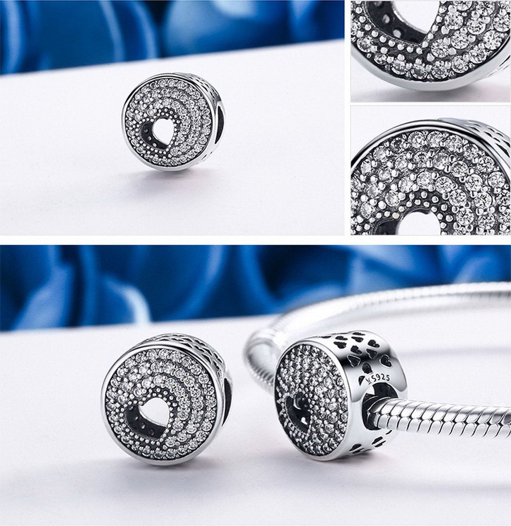PAHALA 925 Sterling Silver Shimmering Heart Round with Crystals Charms Fit Bracelets Necklace