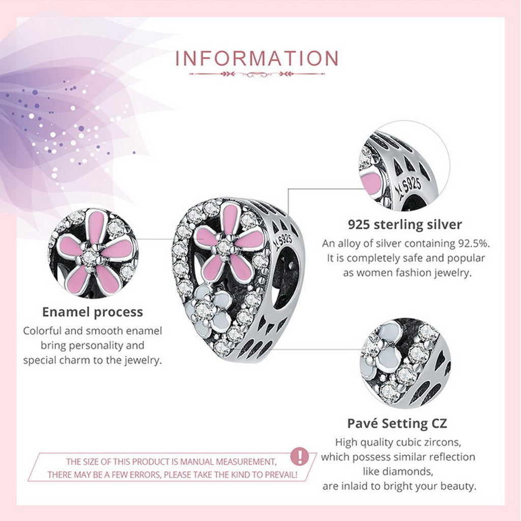PAHALA 925 Sterling Silver Blossoming Love Daisy Flower Pink Enamel Crystals Charm Bead