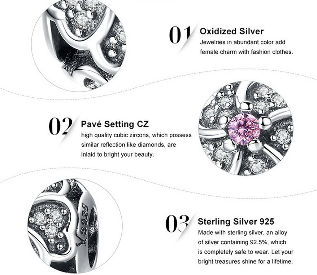 PAHALA 925 Sterling Silver Bouquet Flower of Love with Pink Crystals Charms Fit Bracelets Necklace