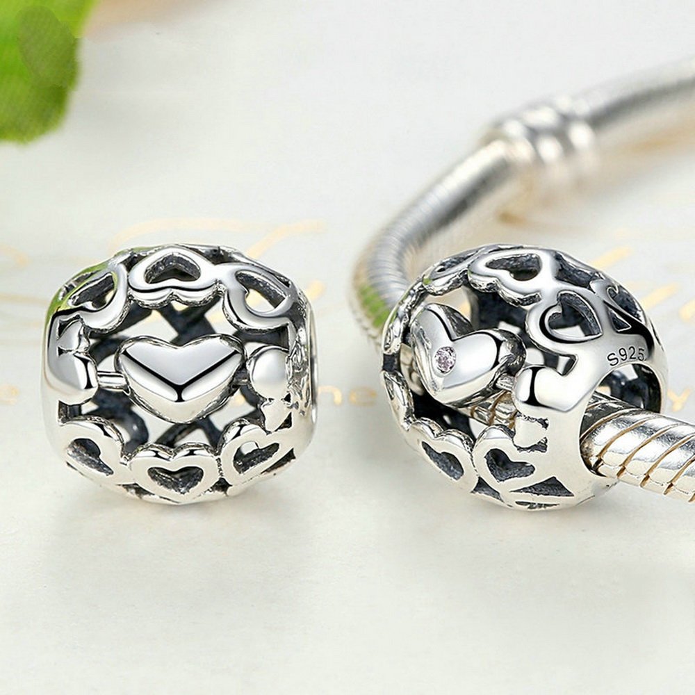 PAHALA 925 Strling Silver Pink Crystals Heart Charms Pendant Fit Bracelets Necklace